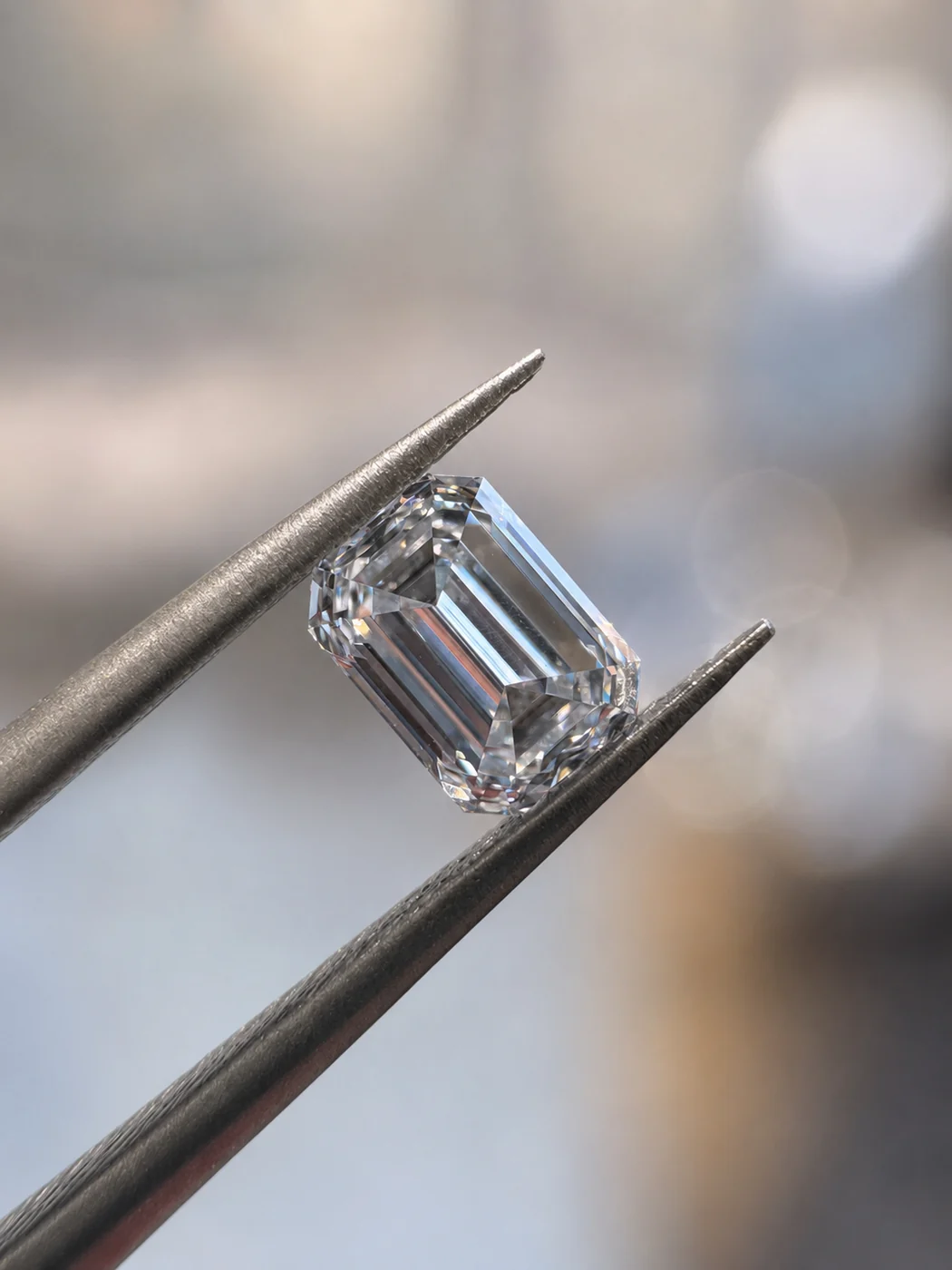 A 0.31 carat emerald cut diamond held in tweezers