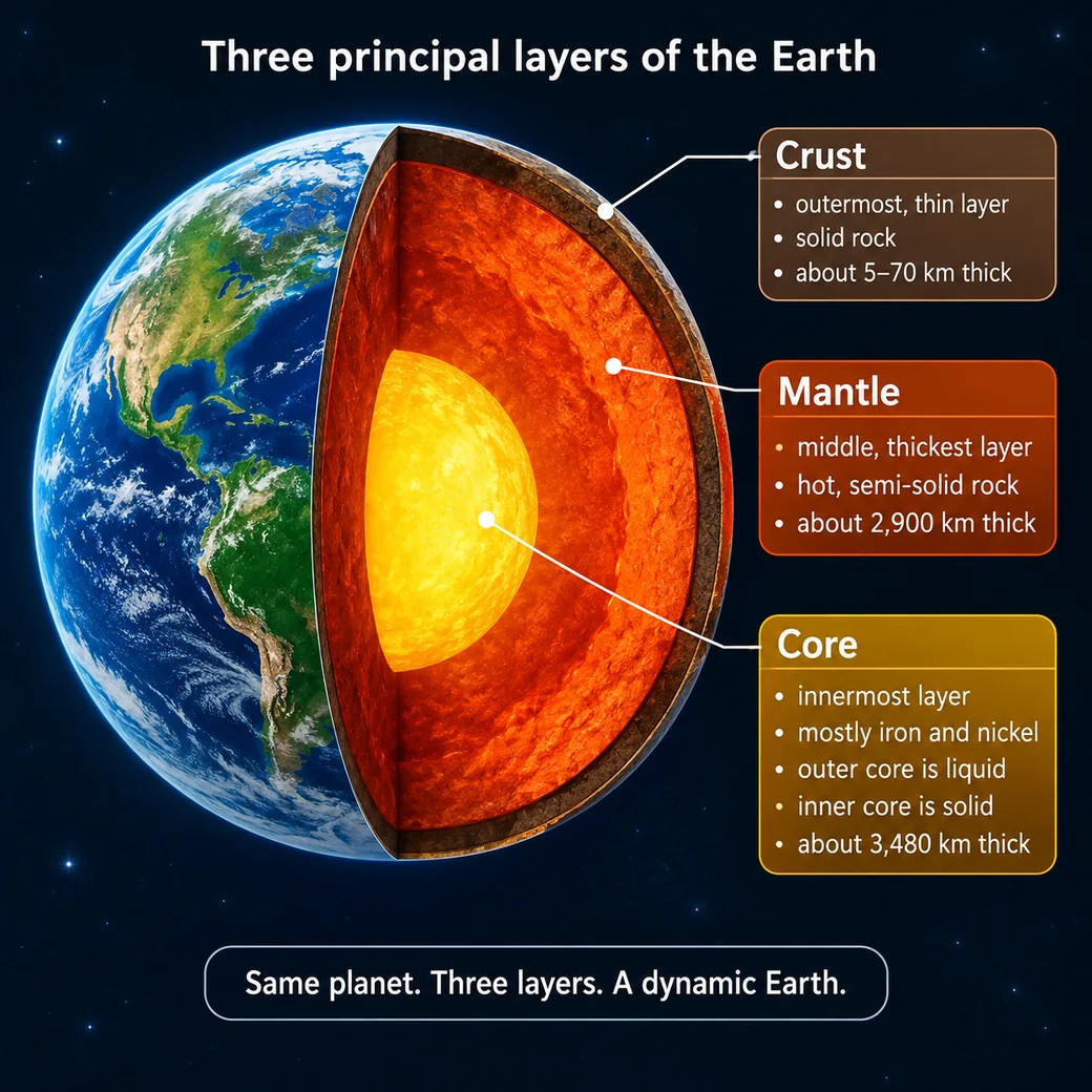 Cutaway illustration of the Earth showing its three principal layers: the thin solid crust about 5 to 70 km thick, the hot semi-solid mantle about 2,900 km thick, and the iron-nickel core about 3,480 km thick with a liquid outer core and a solid inner core