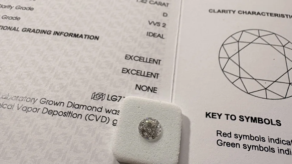 Un diamant de laboratoire taille brillant de 1,42 carat posé sur son rapport de classification IGI