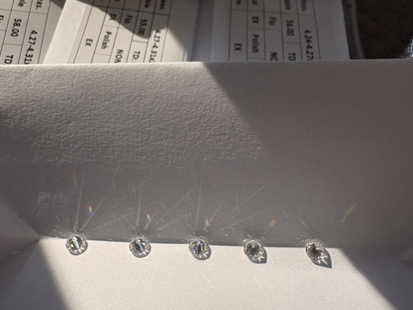 Five matched 0.30ct round brilliant diamonds laid out in a row beside their certification reports